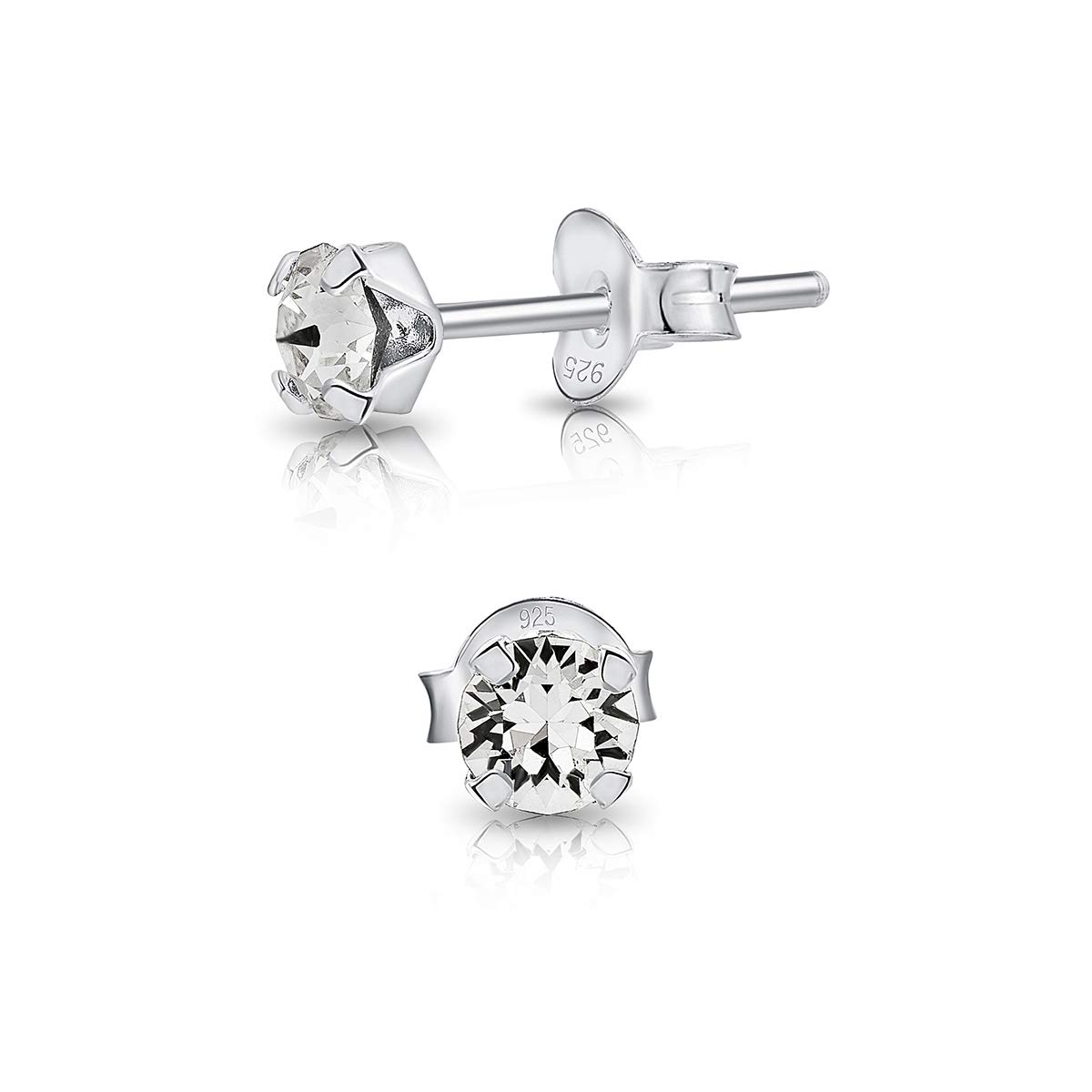 925 Sterling Silver Round SMALL Stud Earrings made with Glittering Crystals - Small Silver Studs Earrings for Woman - Diameter: 4 mm - Colour : Clear Crystal