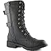 DailyShoes Women's Military Lace Up Buckle Combat Boots Mid Knee High Exclusive Credit Card Pocket, Twlight Black, 6 B(M)