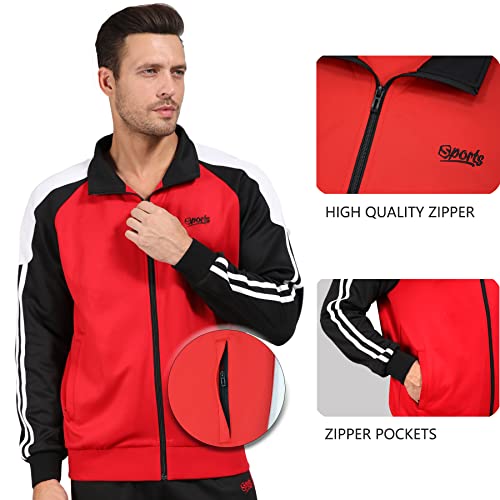 Men\'s Activewear 2 Pieces Ful Zip Tracksuits Sets Patchwork Sweat Suit Red Small