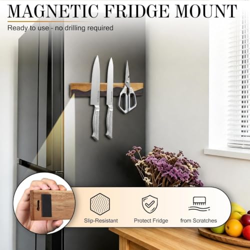 MEN WITH THE POT Magnetic Knife Strips, 16 Inch Magnetic Knife Holder for Fridge Wall, Acacia Wood & Black Resin Knife Magnetic Strip Use as Knife Bar, Knife Holder for Kitchen Utensil Organizer