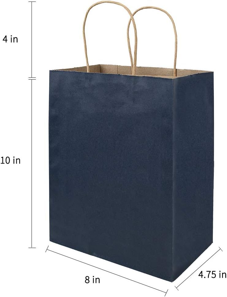 100 Pack 8x4.75x10 inch Medium Blue Gift Paper Bags with Handles Bulk, Bagmad Kraft Bags, Craft Grocery Shopping Retail Party Favors Wedding Bags Sacks (Navy Blue, 100pcs): Health & Personal Care