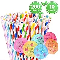 Paper Straws Biodegradable - Eco Friendly Straws - Box of 200 - Also Includes 10 Paper Cocktail Umbrellas - Drinking Straws for Smoothies, Juices and Party (Rainbow paper straws + paper umbrellas)