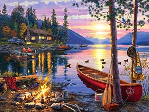 Nature Diamond Painting Kits for Adults, 5D Crystal Diamonds Art with Accessories Tools, Canoe Lake DIY Art Dotz Craft for Home Décor, Ideal Gift or Self Painting