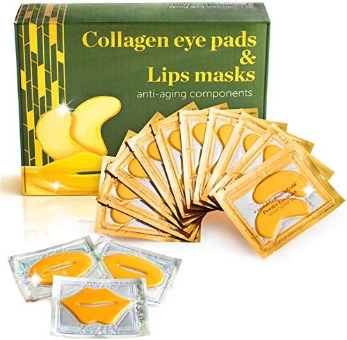 Draymont Luxury Vegan 24K Gold Anti Wrinkle Eye and Lip Face Mask For Men and Women, Treatment For Dark Circles, Puffy Under Eye Bags, Dry Lips, 10 Anti-Wrinkle Gel Eye Pads and 3 Collagen Lips Masks