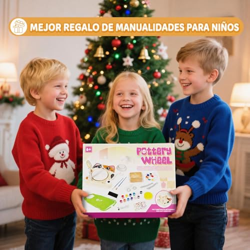 Pottery Lathe for Kids, Complete Ceramic Lathe Set for Beginners, Creative Craft Kit 6+ Years with 3 x Air Drying Clay, Pottery Kit, Gift for Boys and Girls (Cat Motif)