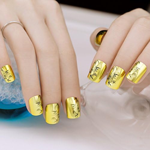 ArtPlus 24pcs Zen the Deep Meditation Gold Chrome False Nails with Glue Full Cover Medium Length Fake Nails Art