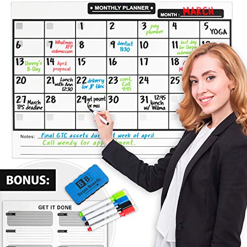 Large Dry Erase Calendar [24x36] & Weekly Magnetic Calendar for Refrigerator | Big Monthly Adhesive Whiteboard Wall Calendar and Fridge Board Planner | Dry Erase Markers & Eraser | 2019 Home or Office