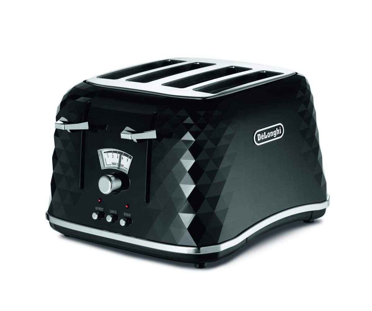 De'Longhi Brilliante 4-slot toaster, reheat, defrost and 6 browning settings, removable crumb tray, CTJ4003BK, Black