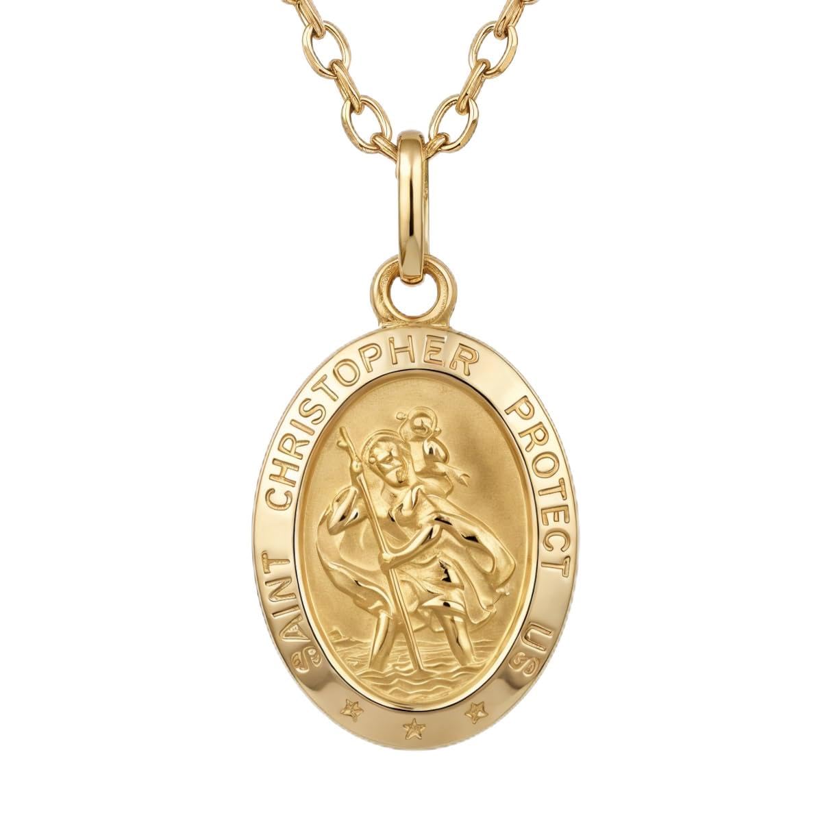 Alexander Castle Solid 9ct Gold St Christopher Pendant Necklace - with 18" 9ct Gold Chain & Jewellery Gift Box - 'SAINT CHRISTOPHER PROTECT US' Engraving