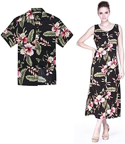 Couple Matching Hawaiian Luau Outfit Aloha Shirt Long Indigo Dress in Black Rafelsia Men M Women M