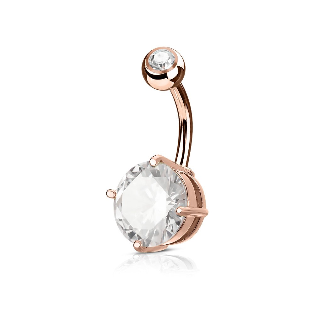 PiercedOff Rose Gold Tone IP over 316L Surgical Steel 1.6mm Belly Bar with 5mm Clear CZ Solitare - Length 8mm
