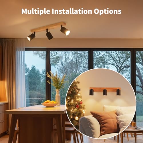 LVWIT Ceiling Lamps, GU10 Black Light Shade, 3 Way Wood Light Fixtures Ceilings, Adjustable Industrial Wall Ceiling Lamp, Ceiling Lamp for Living Room (No Bulbs Included)