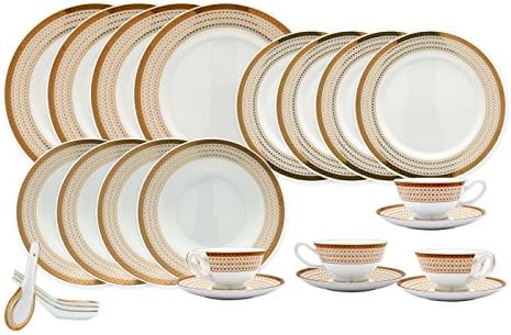 TransSino Treasures Bone China 24 Piece Dinnerware Set Diamonds and Gold Border, Service for 4