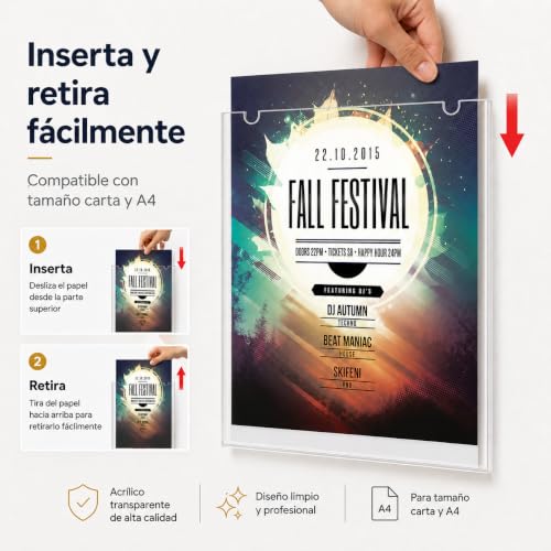 Protectores de Hojas Tamaño Carta 4Pcs, Porta Hojas de Acrílico A4 para Pared