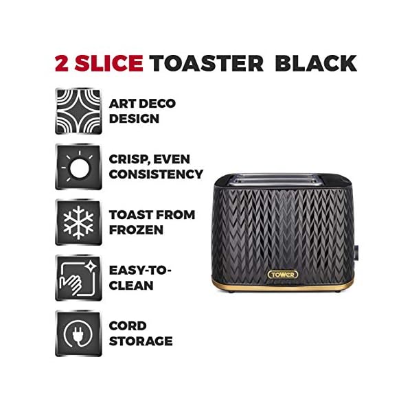 Tower-T20054BLK-Empire-2-Slice-Toaster-with-DefrostReheat-Removable-Crumb-Tray-900-W-Black-with-Brass-Accents Tower T20054BLK Empire 2-Slice Toaster with Defrost/Reheat, Removable Crumb Tray, 900W, Black and Brass