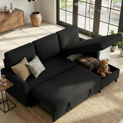 Shintenchi Sofa Bed Sleeper Pull Out 2 in 1 Sectional Sleeper Sofa Couches with Storage, Pullout Sectional Couches for Apartment Living Room, Black