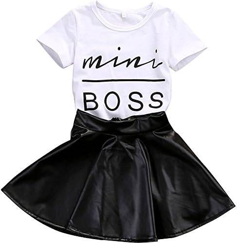 Toddler Kids Baby Girls Cute Letter T-Shirt Tops + PU Leather Skirts Set Outfits, White, 2 Years