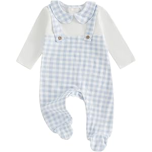 baorji Preemie Baby Girl Boy Clothes Newborn Footed Romper Peter Pan Collar Onesie Footies Gingham Coming Home Outfit