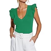 INFITTY Women's V Neck T Shirts Ruffle Sleeve Tops Dressy Sexy Sleeveless Slim Fitted Ribbed Tank Top Summer 2026