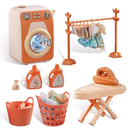 Uniiking Kids Washing Machine Toy with Real Spin & Dryer, Pretend Play Laundry Set 2 Doll Clothes 3 Clothes Rack and Lights & Sound Effects for Ages 3+ STEM Learning Gift for Girls and Boys
