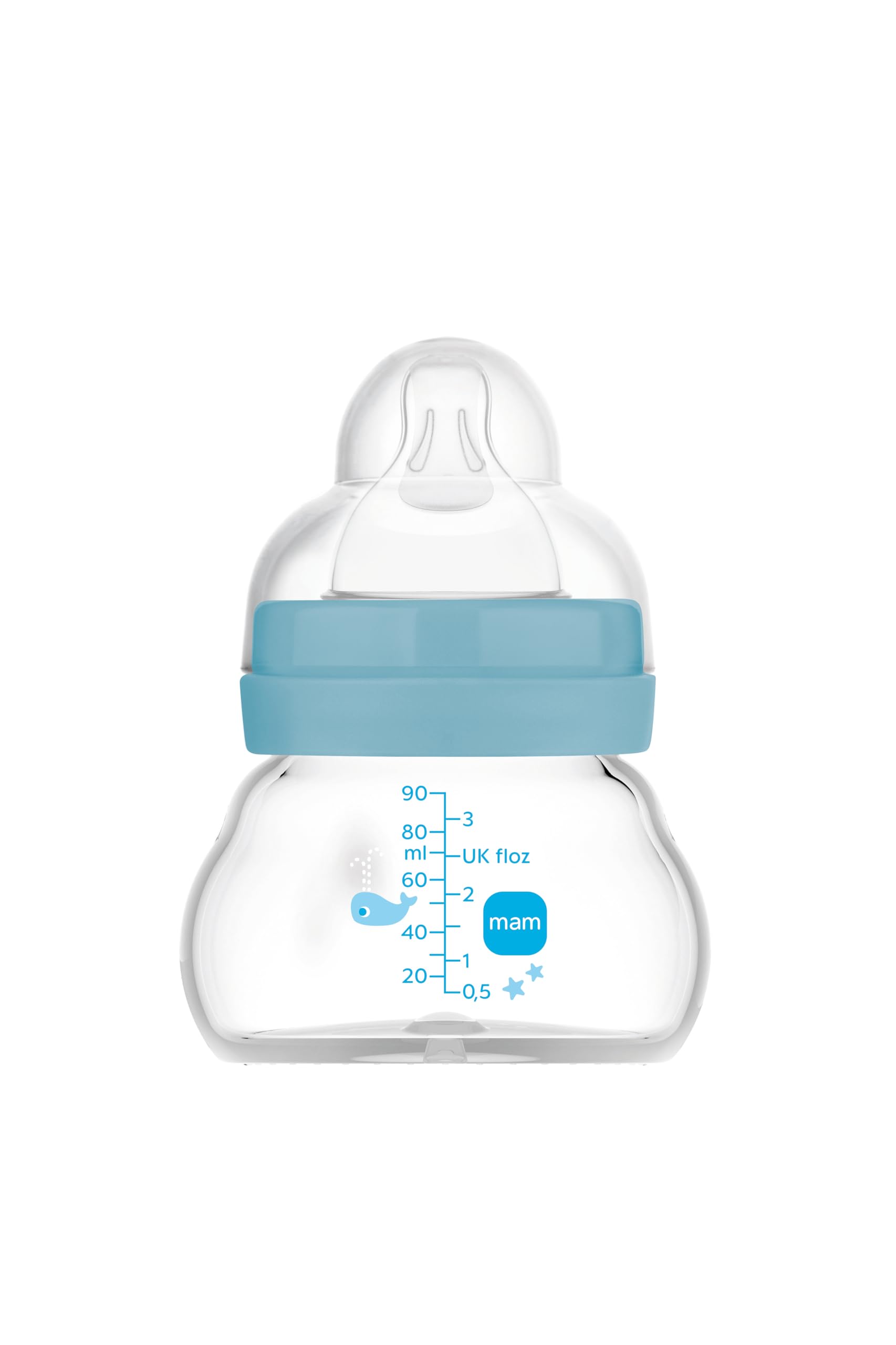 MAM Feel Good A156 Glass Bottle with Patented SkinSoftTM Silicone Ultra Soft Silicone for Babies 0 Months + 90 ml Blue