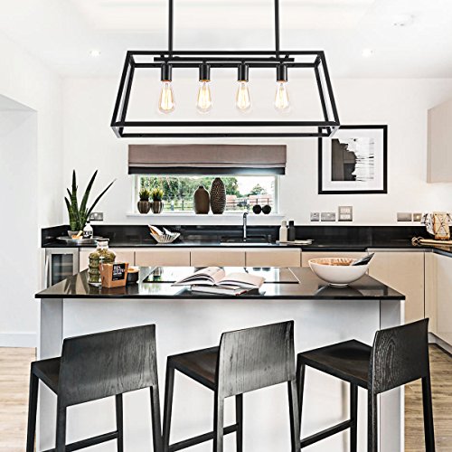 Morley Glass Linear Chandelier, 4-Light Industrial Island Pendant Lighting with Matte Black Frame for Dining Room, Kitchen by Lanros - Thumbnail 4