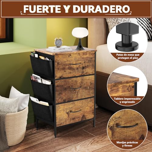 FURRIFIC Cómoda Gran Capacidad de 3 Cajones,70 * 40 * 29cm,Marrón | Cajonera para Recamara,Ropa,Hogar Y Oficina,Organizador Cajonera de Estructura Metal con Cajones de Tela
