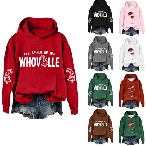 Angxiwan Christmas Hoodies for Women UK Oversized Letter Print Casual Long Sleeve Sweatshirt Hooded Lightweight Sweatshirt