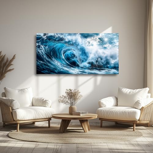 hyidecorart Large Modern Living Room Decorations, 73 x 146 cm, XXL Decorative Canvas, Wall, Bedroom, Decorative Wall Sheets, Strong Waves, Blue Wall Art, Dining Room, Office, Hallway, Bathroom