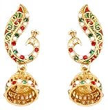 Touchstone Indian Bollywood enamel/red/green/white peacock jewelry earrings in antique gold tone for women