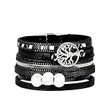Jenia Black Tree of life Leather Cuff Bracelet for Women - Personality Engraved with Pearl Rope Braided Wrap Bangle Handmade Jewelry for Teens Girl, Boy, Men, Kids Birthday Gift