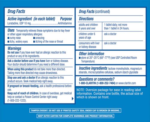 Claritin 24 Hour Allergy Medicine, Non-Drowsy Prescription Strength Allergy Relief, Loratadine Antihistamine Tablets, 70 Count