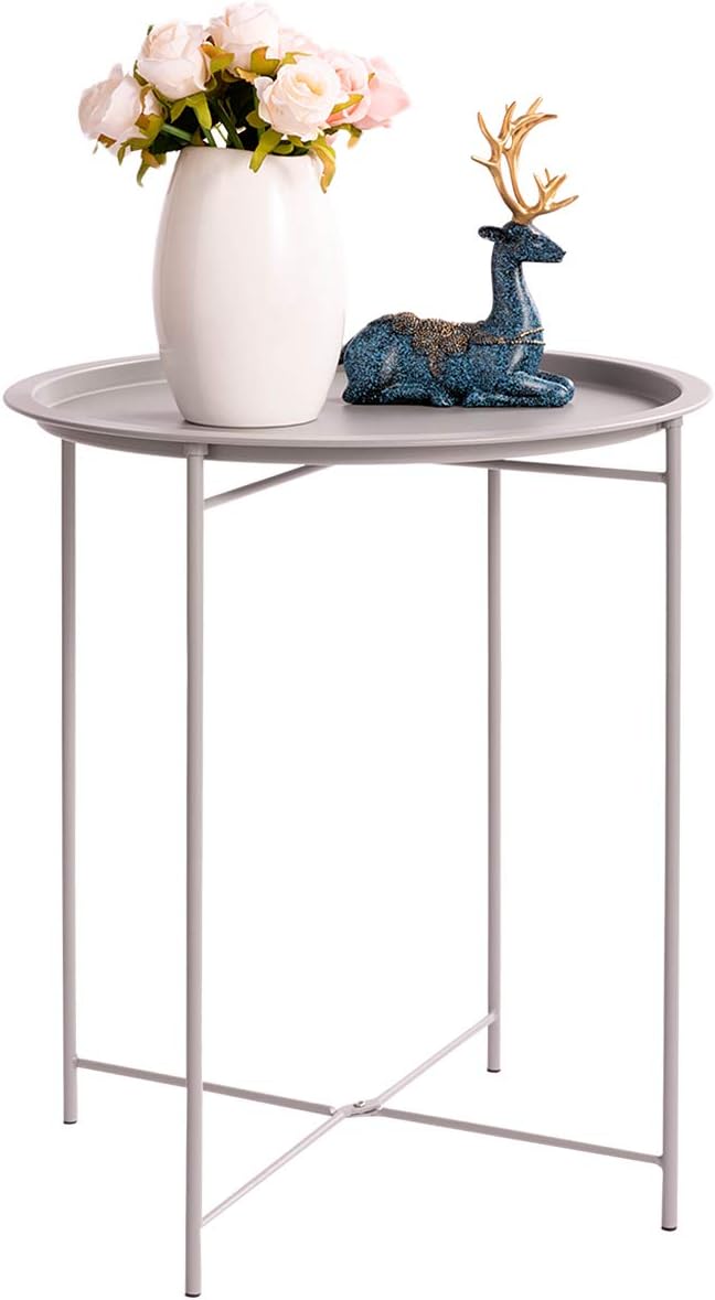 HollyHOME Folding Tray Metal Side Table, Sofa Table Small Round End Tables, Anti-Rust and Waterproof Outdoor or Indoor Snack Table, Accent Coffee Table,（H） 20.28" x（D） 18.11", Grey: Kitchen & Dining