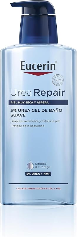 Gel de Banho Suave UreaRepair 5% Ureia (400 ml), gel de limpeza hidratante e esfoliante para o rosto e corpo para alívio imediato, espuma de limpeza para pele seca e muito seca