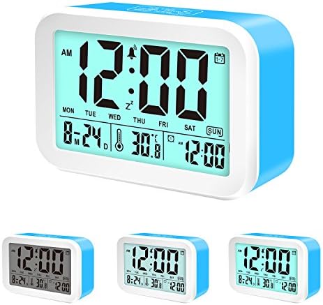 Coresto Large LCD Screen Digital Alarm Clock Time/Calendar/Temperature Display with 3 Alarms, Optional Weekday Alarm Snooze Function Smart Sensor Backlight Home Alarm Clocks for Bedrooms (Blue)
