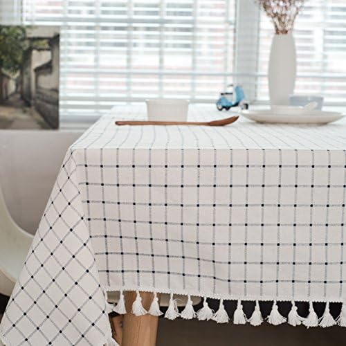 meioro Tablecloth Table Cover Cloth White and blue plaid tablecloths Mediterranean style Fresh and artistic cotton and tassel tablecloths Rectangular coffee table tablecloths(Blue and White,140×300cm)