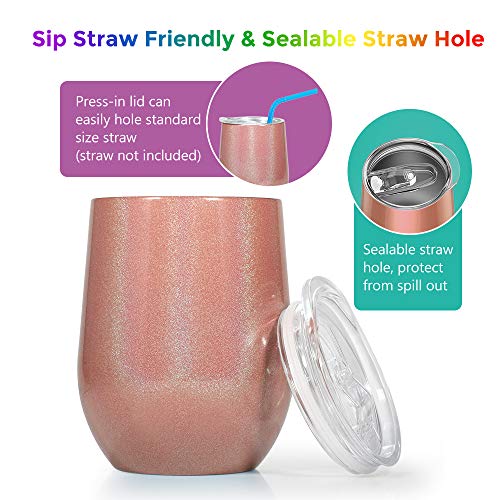 HOMFUL 12 oz Wine Tumbler, Double Wall Insulated Wine Glasses, Stainless Steel Stemless Travel Cup with Sealable Lids Perfect for Wine, Coffee, Drinks, Champagne, Cocktails