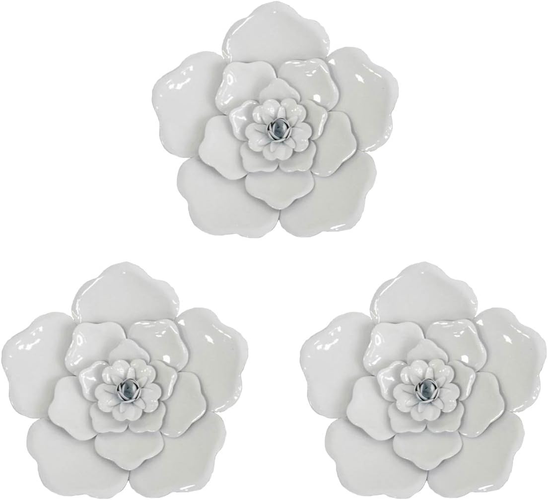 Plaques & Wall Art - Metal Flower Wall Art Multiple Layer Decor for Indoor Outdoor Home Bedroom Living Room Office Garden Set of 3(White)