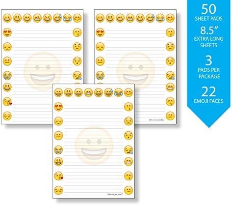3 Pack of Emoji Pads, 8.5 x 6.1 Notepads Full of Emoji Faces, To Express your Feelings, and Brighten up your Day, 50 Sheets Per Pad