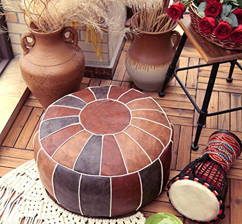 RISEON Boho Handmade Faux PU Leather Moroccan Pouf Footstool Ottoman Leather Poufs Unstuffed 23" x 11" -Round Floor Cushion Footstool for Living Room, Bedroom and Under Desk (Brown) - Thumbnail 7