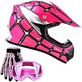 Typhoon Youth Kids Offroad Gear Combo Helmet Gloves Goggles DOT Motocross ATV Dirt Bike Spiderman Pink, X-Large