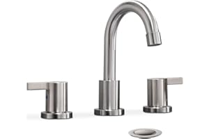 Phiestina 2 Handle 3 Hole 8 Inch Widespread Bathroom Faucet with Metal Pop-Up Drain, Brushed Nickel, WF015-1-BN