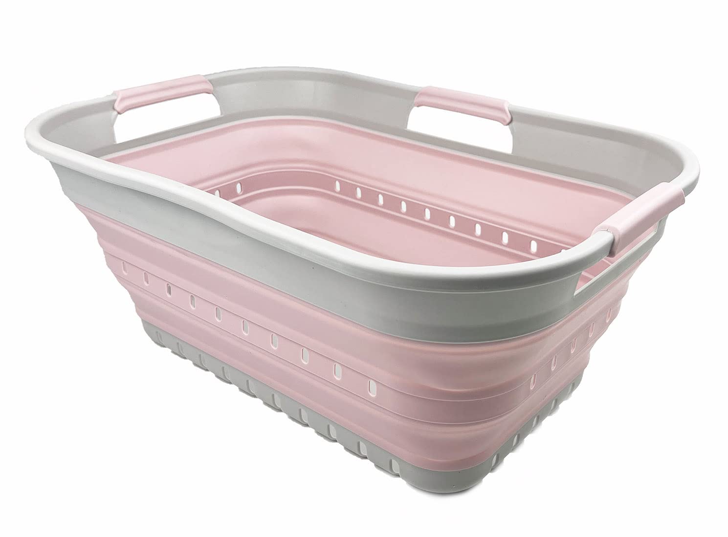 SAMMART 21L Super Mini Collapsible 3 Handled Plastic Basket - Foldable Pop Up Storage Container/Organizer - Space Saving Hamper/Basket (Grey/Pale Pink)