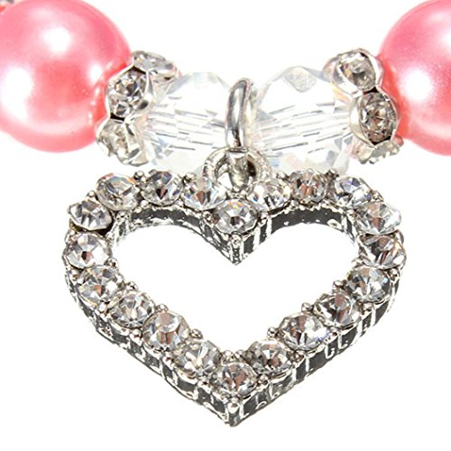 Wakeu Diamond Heart Rhinestone Crystal Rhinestone Pendant Pearl Collars Necklace for Small Dog Girl (S/Length:25cm/9.8", Pink) - Thumbnail 3