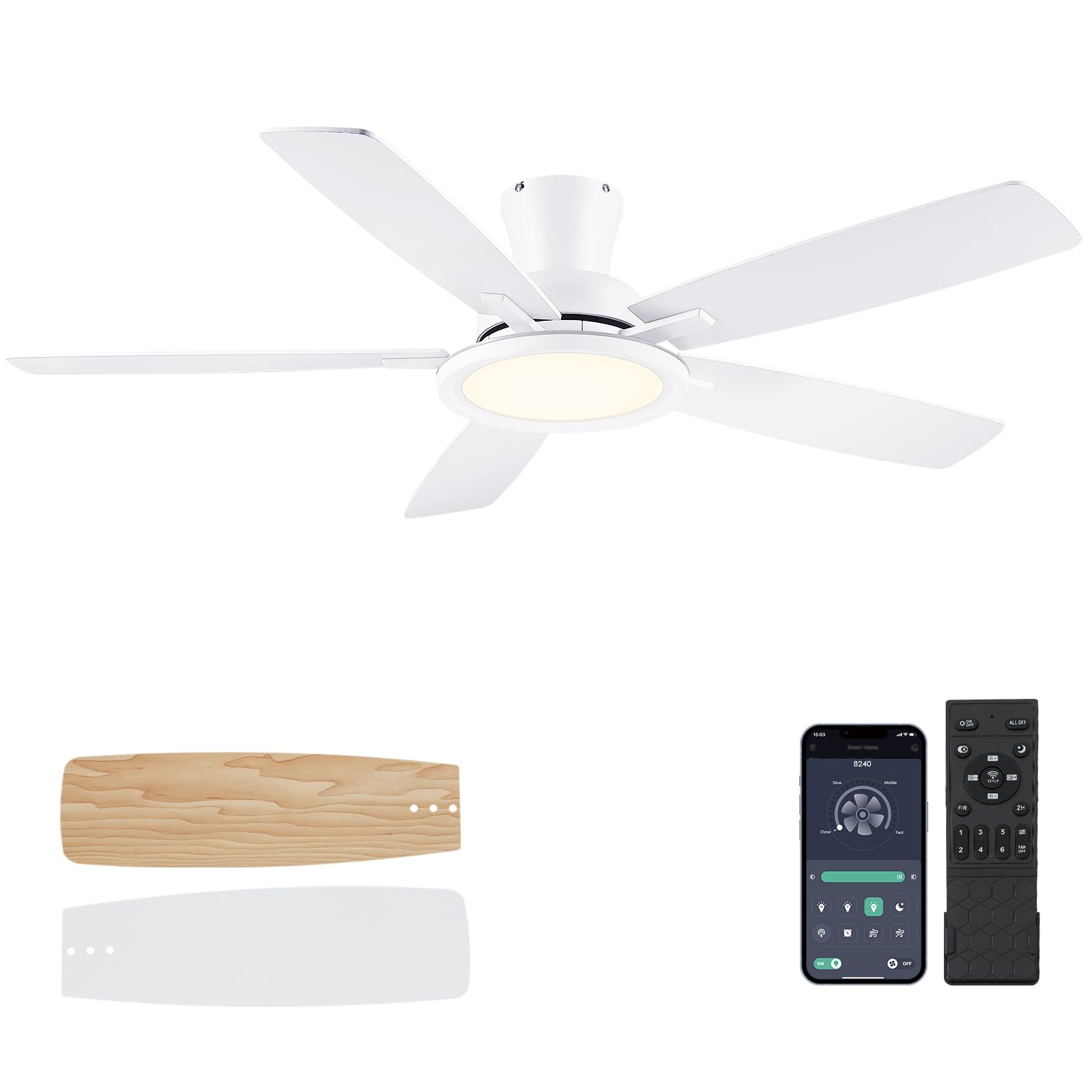 Photo 1 of BYKISTOK 52In Flush Mount Ceiling Fans with Lights - White Low ProfileCeiling Fan with Remote/APP, Reversible, 3CCT Dimmable, Modern Fan Light for Indoor Living Room, Outdoor Covered Patios