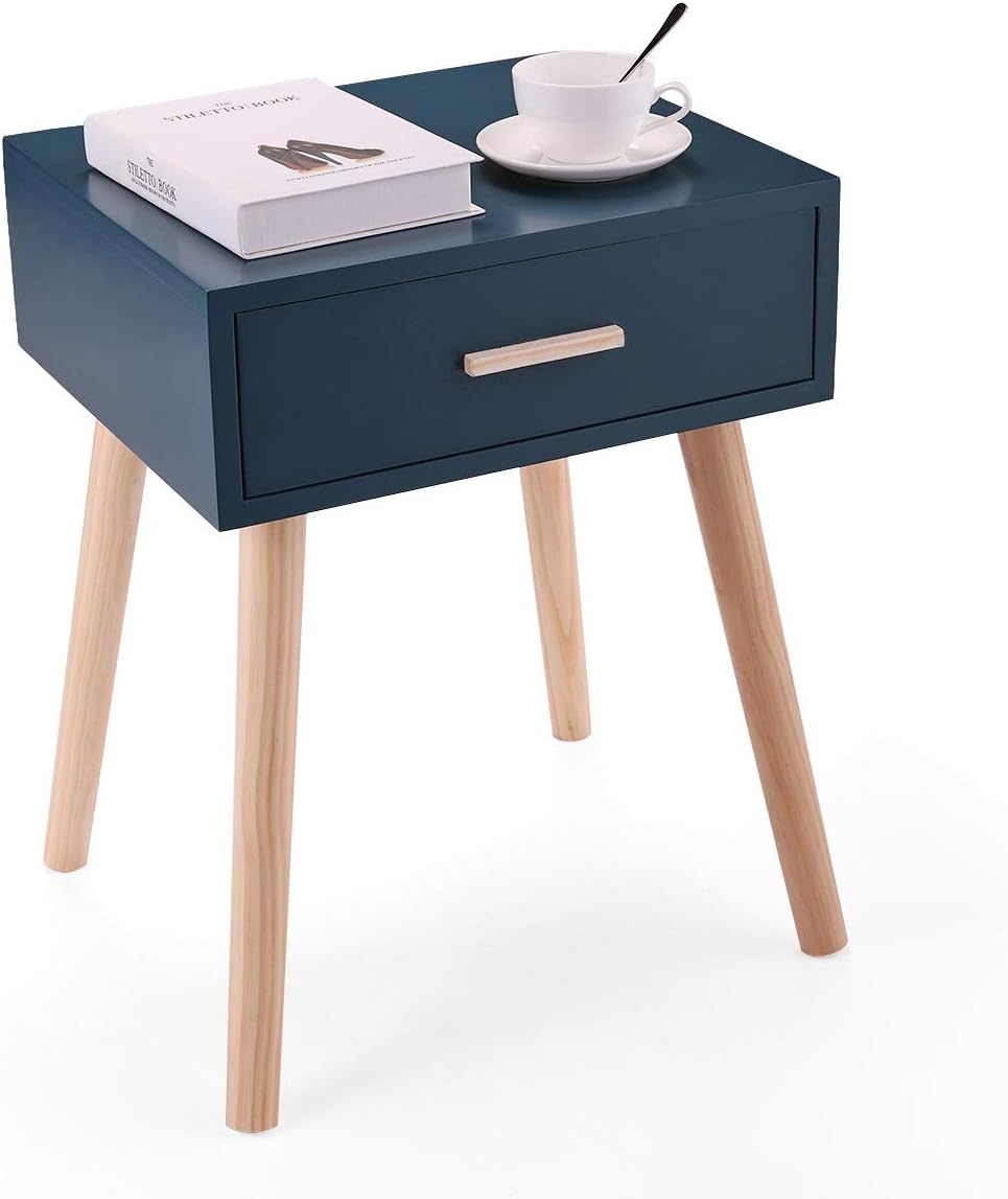 Sandinrayli Bedside End Table Nightstand Storage Organizer w/Drawer & Solid Legs Lake Blue