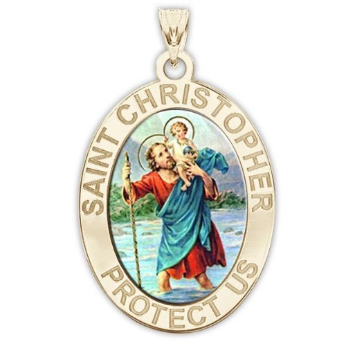 Saint Christopher OVAL Religious Medal Color - 1/2 X 2/3 Inch Size of Dime, Solid 14K Yellow Gold