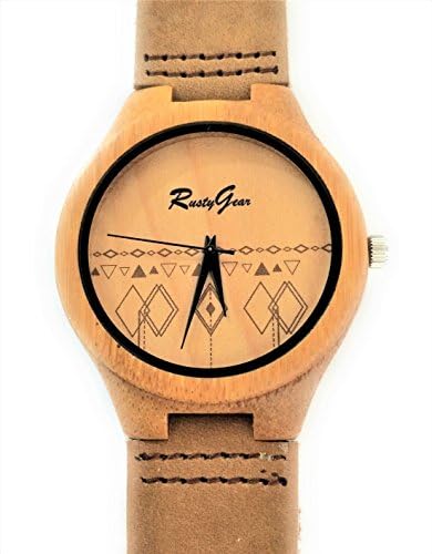 RUSTYGEAR Mens Wooden Bamboo Watch with Maple Wood Dial,Genuine Brown Leather Strap Quartz Analog Quality Miyota Movement, Gift Boxed