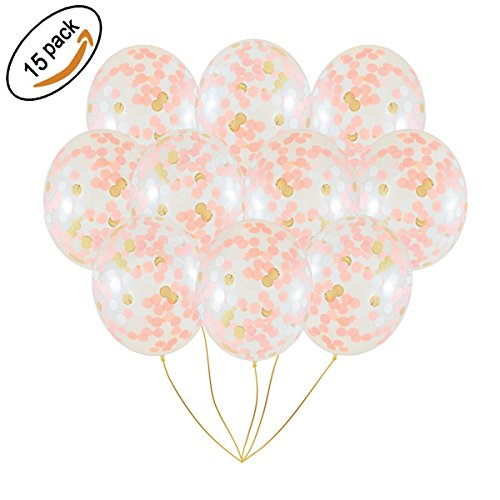 Rose Gold Confetti Balloons | 15 Pack Large 12" Rose Gold Foil, Light Pink and White Paper Pre-Filled | Wedding Engagement Birthday Party Events