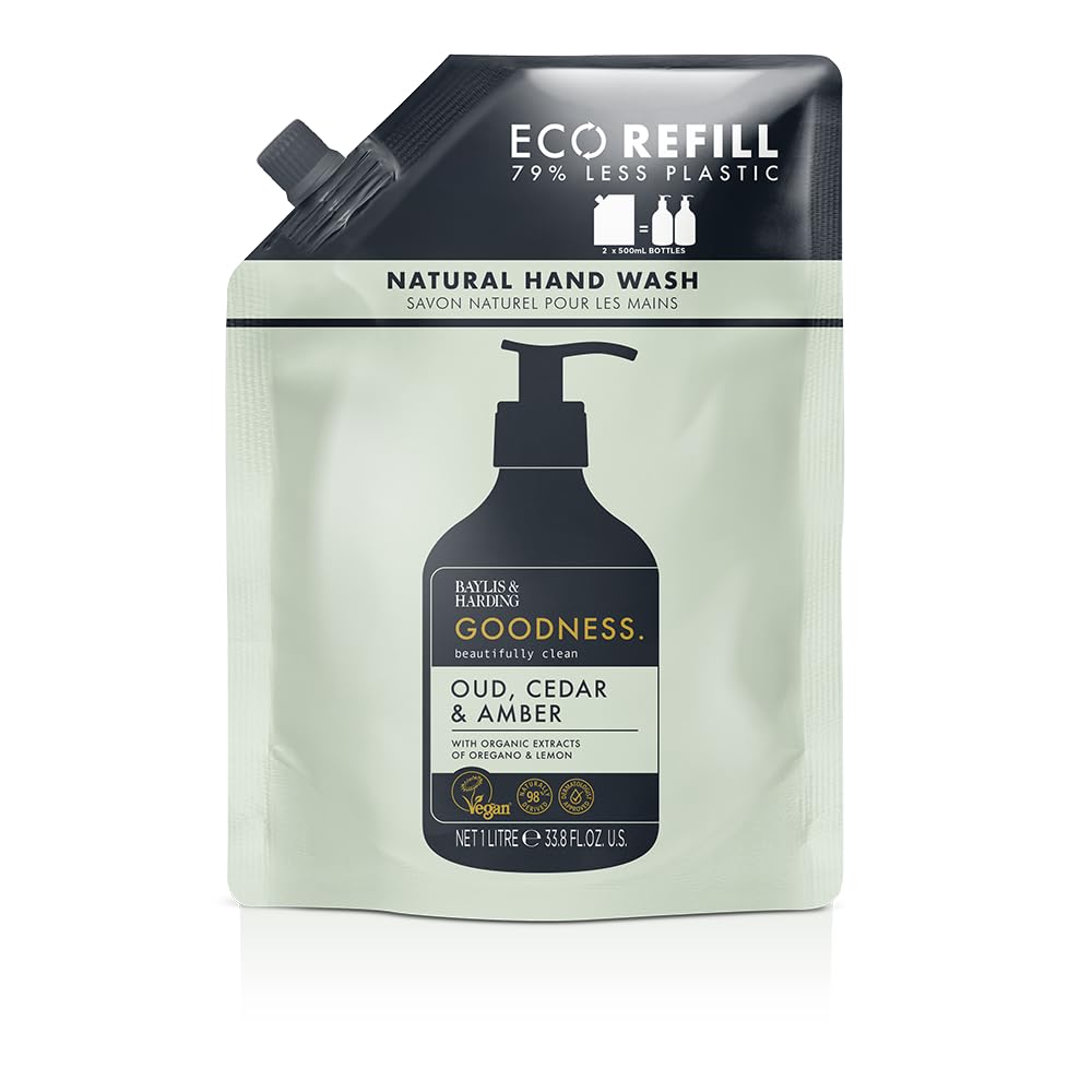 Baylis & Harding Liquid Hand Soap Refills, Goodness, Oud Cedar & Amber, 1 Liter